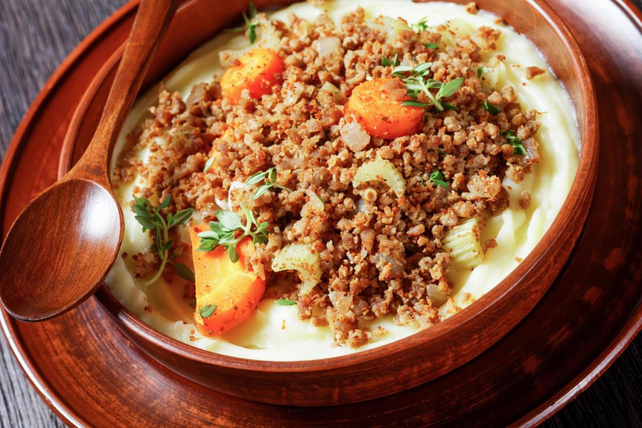 mince tatties stewed ground beef with carrots celery herbs served with potato mash horizontal view from closeup scotland cuisine