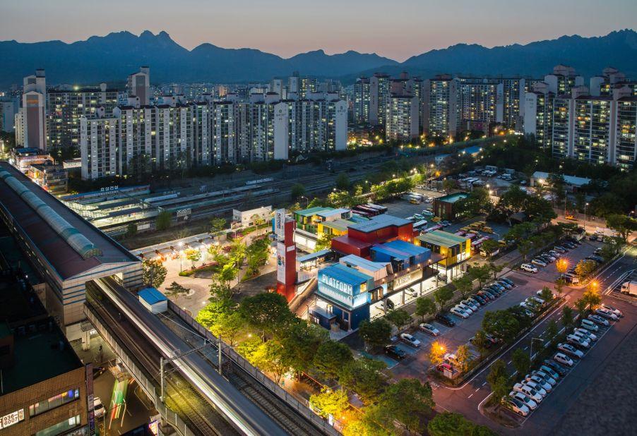 The cultural center has been built out of brightly-colored shipping containers and features a concert hall, a recording studio, art galleries, cafes and retail stores.